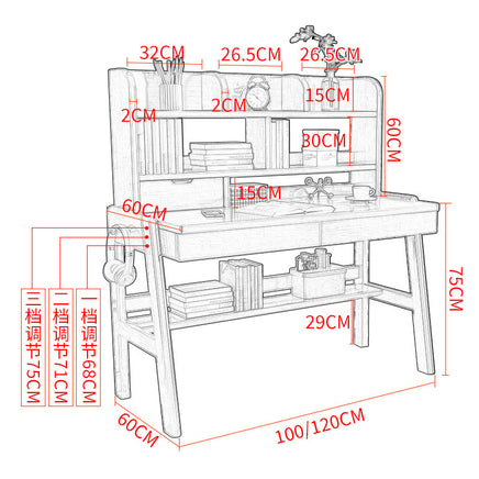 Ave Solid Wood Study Desk with Shelf and Drawers/Bookcase/Rubberwood