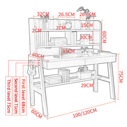 Ave Solid Wood Study Desk with Shelf and Drawers/Bookcase/Rubberwood/White