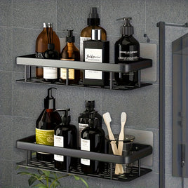 Black Wall-Mounted Storage Shelf - Heavy-Duty Plastic, No-Drill Adhesive Installation, Space-Saving Bathroom and Kitchen Organizer
