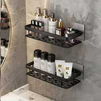 Black Wall-Mounted Storage Shelf - Heavy-Duty Plastic, No-Drill Adhesive Installation, Space-Saving Bathroom and Kitchen Organizer