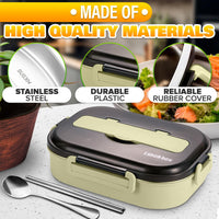 Stainless Steel Bento Lunch Box with Dual Compartments & Utensils – Microwave & Dishwasher Safe for Adults (Green)