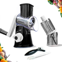 Manual Rotary Food Slicer & Grater with 3 Stainless Steel Drums – Suction Base Vegetable Shredder for Cheese, Potatoes & More (Black)