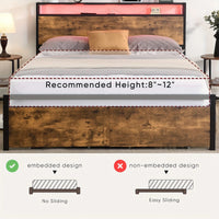 Double Bed Frame with Storage, Industrial Bed with Led Lights Headboard and 2 Drawers, Wooden Bed Frames with Charging Station, Noise Free, No Box Spring Needed, Easy Assembly, Rustic Brown