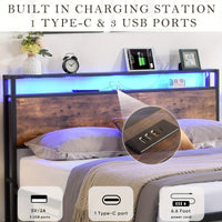 Double Bed Frame with Storage, Industrial Bed with Led Lights Headboard and 2 Drawers, Wooden Bed Frames with Charging Station, Noise Free, No Box Spring Needed, Easy Assembly, Rustic Brown