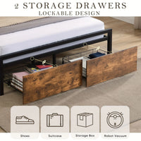 Queen Bed Frame with Storage, Industrial Bed with Led Lights Headboard and 2 Drawers, Wooden Bed Frames with Charging Station, Noise Free, No Box Spring Needed, Easy Assembly, Rustic Brown
