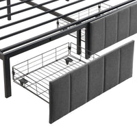 Double Bed Frame with 2 Storage Drawers and LED Lights Headboard, Upholstered Bed Frame with Charging Station, No Box Spring Needed, Easy Assembly - Grey