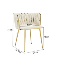 Set of 2 Velvet Upholstered Woven Dining Chairs with Golden Metal Legs, Beige
