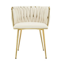 Set of 2 Velvet Upholstered Woven Dining Chairs with Golden Metal Legs, Beige