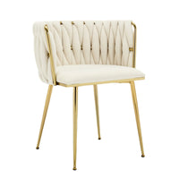Set of 2 Velvet Upholstered Woven Dining Chairs with Golden Metal Legs, Beige