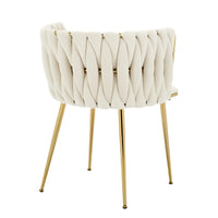 Set of 2 Velvet Upholstered Woven Dining Chairs with Golden Metal Legs, Beige