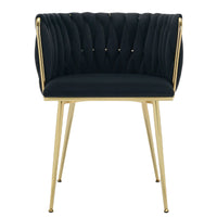 Set of 2 Velvet Upholstered Woven Dining Chairs with Golden Metal Legs, Black