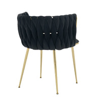 Set of 2 Velvet Upholstered Woven Dining Chairs with Golden Metal Legs, Black