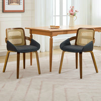 Set of 2 Rattan Back Dining Chairs, Black Faux Leather