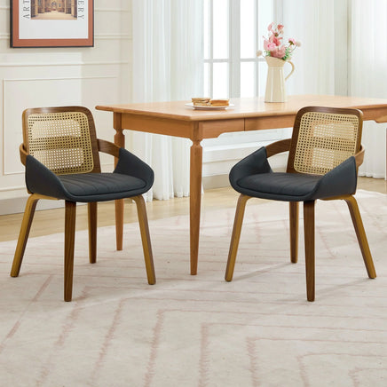 Set of 2 Rattan Back Dining Chairs, Black Faux Leather
