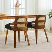 Set of 2 Rattan Back Dining Chairs, Black Faux Leather