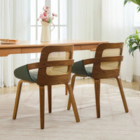 Set of 2 Rattan Back Dining Chairs, Green Faux Leather