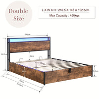 Gas Lift Bed Frame with Storage, Double Size Wooden Slats Platform Bed Frame with LED Lights and Charging Station, No Box Spring Needed, Noise Free, Rustic Brown