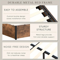 Gas Lift Bed Frame with Storage, Double Size Wooden Slats Platform Bed Frame with LED Lights and Charging Station, No Box Spring Needed, Noise Free, Rustic Brown