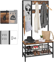 Coat Rack Stand Industrial Style with Grid Wall and Shoe storage 185 cm Tall Rustic Brown