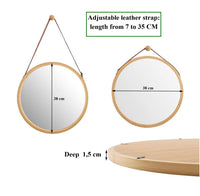 Hanging Round Wall Mirror 38 cm - Solid Bamboo Frame and Adjustable Leather Strap for Bathroom and Bedroom