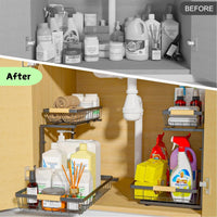 2-Tier Kitchen Under Sink Organiser Storage with Height Adjustable, Unique Slide Rail & Suction Cups for Storage