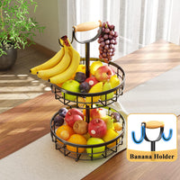 2-Tier Fruit Basket Bowl Storage with Wood Lift Handle and Dual Banana Tree Hanger for Kitchen Countertop