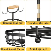 2-Tier Fruit Basket Bowl Storage with Wood Lift Handle and Dual Banana Tree Hanger for Kitchen Countertop