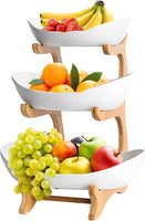 CARLA HOME 3-Tier Ceramic Fruit Bowl Basket with Bamboo Stand for Kitchen Counter, Snack Tray, Dessert Server & Vegetable Storage Rack