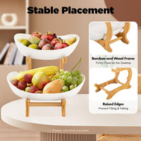 CARLA HOME 2-Tier Ceramic Fruit Bowl Basket with Bamboo Stand for Kitchen Counter, Snack Tray, Dessert Server & Vegetable Storage Rack