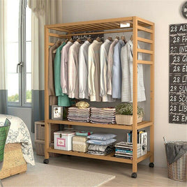 3-Tier Wooden Clothes Rack Rolling Garment Stand w/ Hooks