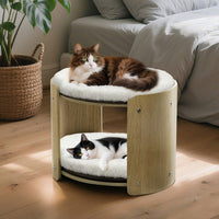 Elevated Double Cat Bed 2-Tier Wooden Plush Kitten Lounge