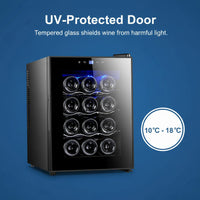 12 Bottle Thermoelectric Wine Fridge, 65W, UV Protected Glass Door, Soft LED Illumination