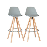 2 PU Leather Padded Barstools (Light Grey/Wood) with Metal Footrest