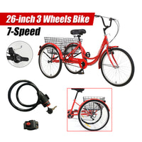 New 26 inch Adult Tricycle 7-Speed 3 Wheels Bike with Free Lock Installation Tool Red