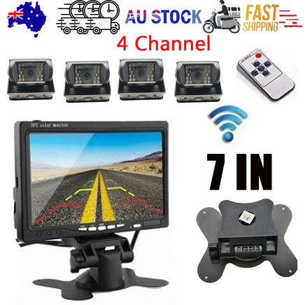 Wireless 4-Channel Split 7" Screen Monitor w/4 Reversing Camera Kit for Truck Trailer Bus