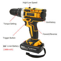 36VF BRUSHLESS HEAVY DUTY CORDLESS DRILL IMPACT DRIVER KIT HAMMER +2 BATTERY Box