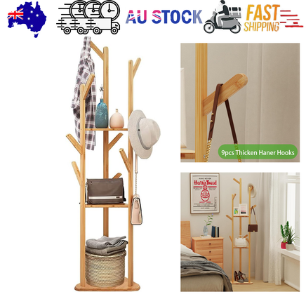 Clothes Garment Coat Rack Stand Bamboo Hanger Bag Hat Hook Holder Tree Shelf AU