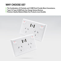 5PCS Double Power Point Dual USB+Type-C GPO Fast Charge 3.6 amp Wall Outlet