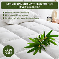 1500GSM Bamboo Mattress Topper Extra Thick 10CM Bed Topper Queen: 152 x 203 + 40 cm