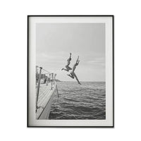 Wall Art 90cmx135cm Black and White Ocean Jump, Black Frame Canvas