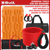 X-BULL 4WD Recovery Kit Kinetic Rope soft shackles 22mm x 9m Dyneema / 2PCS Recovery Tracks RISEUP