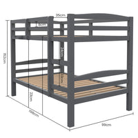KINGSTON SLUMBER Single Bunk Bed Frame, Solid Pine 2-in-1 Modular Design, Converts to 2 Single Beds, For Kids, Grey