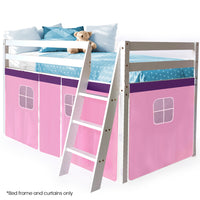 Kingston Slumber Wooden Kids Single Loft Bed Frame - Hiding Space Underneath with Interchangeable Pink and Blue Curtains