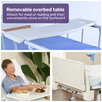 EQUIPMED 4 Function Medical Bed, w/ Mattress & Over Bed Table, Easy Manual Adjustable Back and Leg Incline, IV Pole