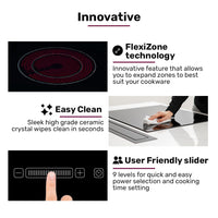 EuroChef 60cm 4 Zone Ceramic Cooktop, 6600W Electric, FlexiZone Adjustable Size Hobs, Touch Controls