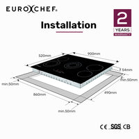 EuroChef 90cm 5 Zone Ceramic Cooktop, 8900W Electric, FlexiZone Adjustable Size Hobs, Touch Controls