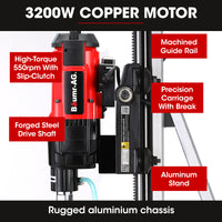 BAUMR-AG 3200W 300mm Wet/Dry Core Drill w/ Wheeled Rig Stand Combo, for Concrete Coring Hole Drilling