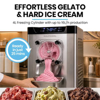 POLYCOOL Commercial 4L Benchtop Hard Ice Cream and Gelato Machine, 16L/hr output, 1400W, Stainless Steel, Digital Control Panel