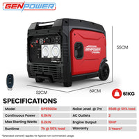 GENPOWER 6.2kW Peak 6.0kW Inverter Generator, Push Button & Remote Start, 15L Tank, Portable w/ Wheels, Camping, Backup