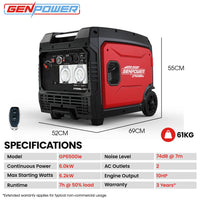 GENPOWER 6.2kW Peak 6.0kW Inverter Generator, Push Button & Remote Start, 15L Tank, Portable w/ Wheels, Camping, Backup